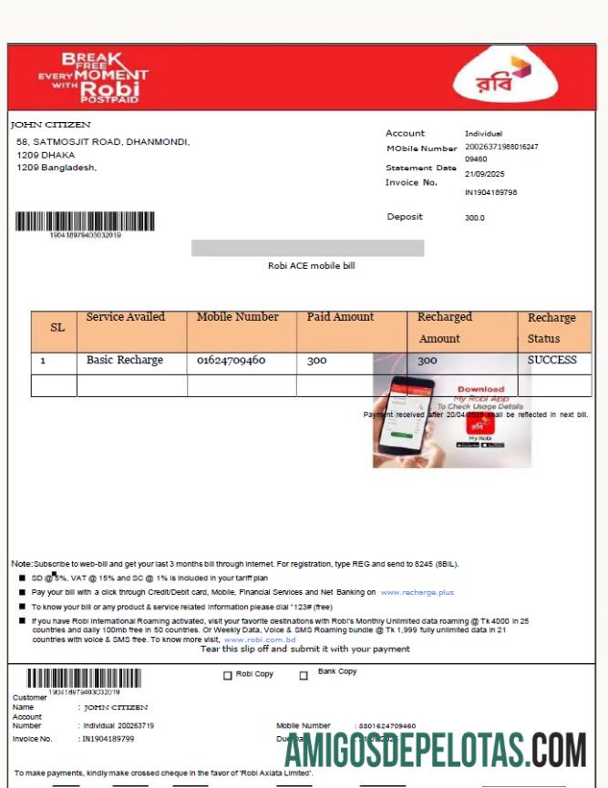realista Modelo de conta de serviços públicos limitado de Bangladesh Robi Axiata em formatos Word e PDF